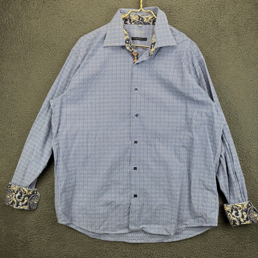 Robert Graham Mens XL Blue White Geometric Button‎ Down Mercerized Cotton Shirt